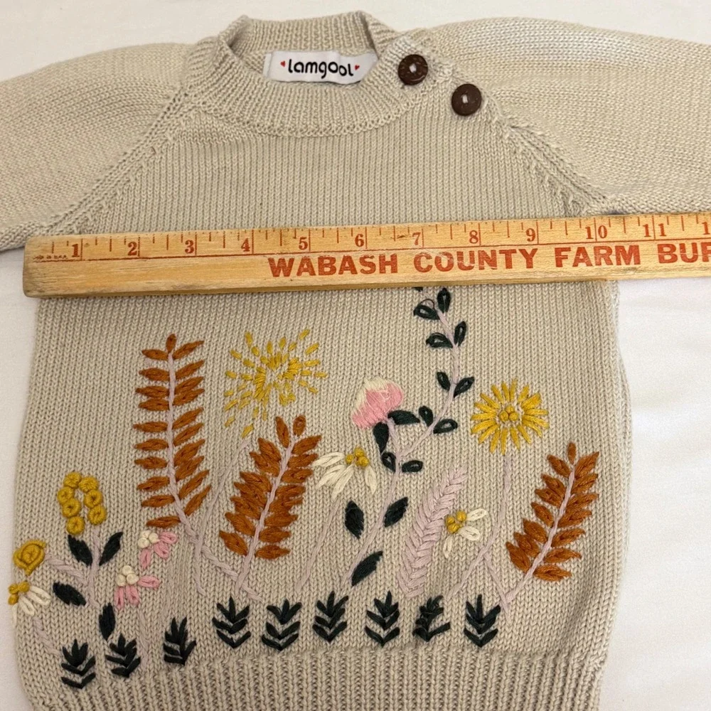 Lamgool Kids Beige Knit Floral‎ Embroidered Sweater Shoulder Buttons Long Sleeve